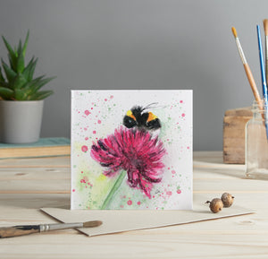 Bee with purple cornflower greeting card