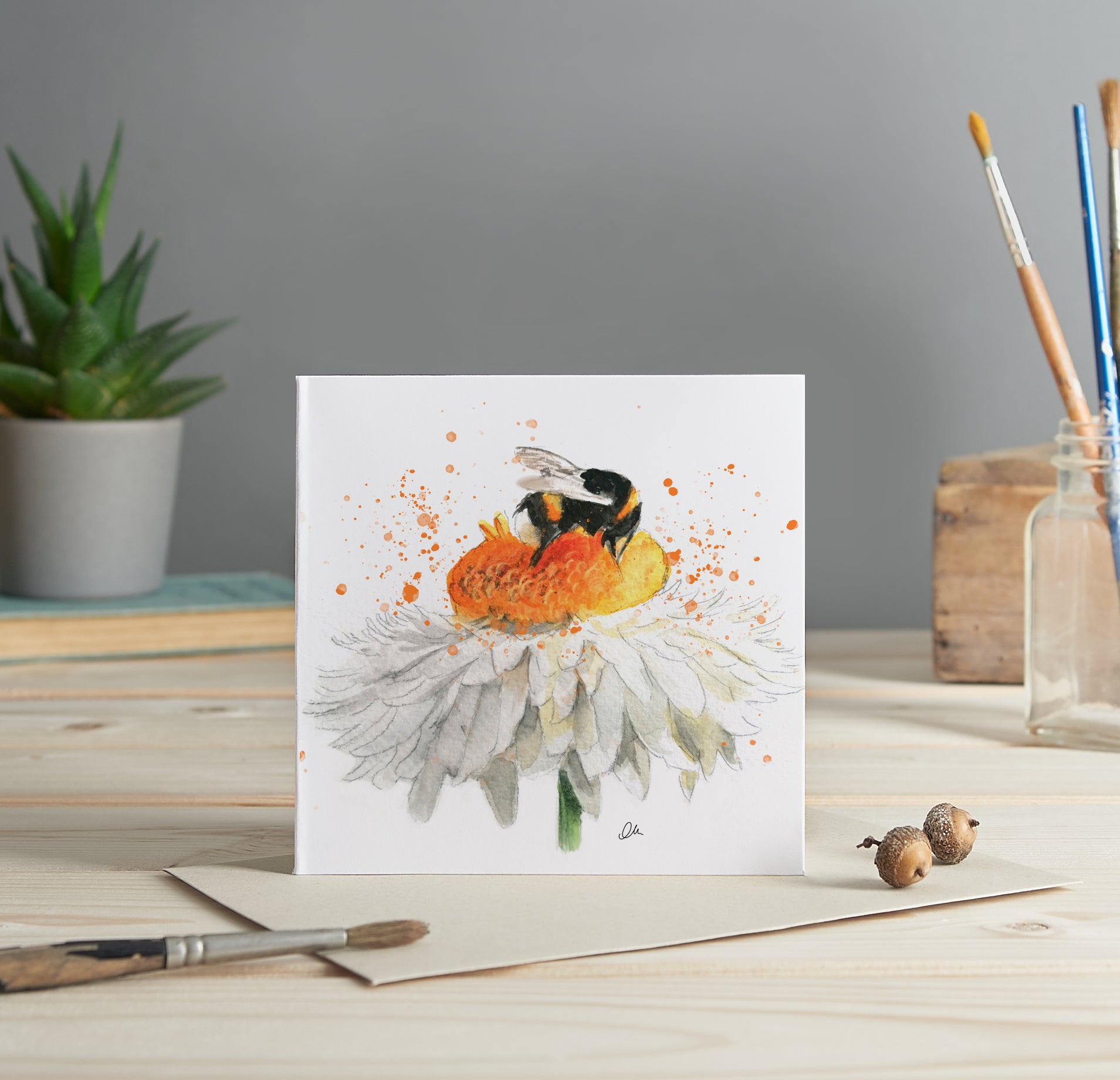 Bee with Straw flower greeting card