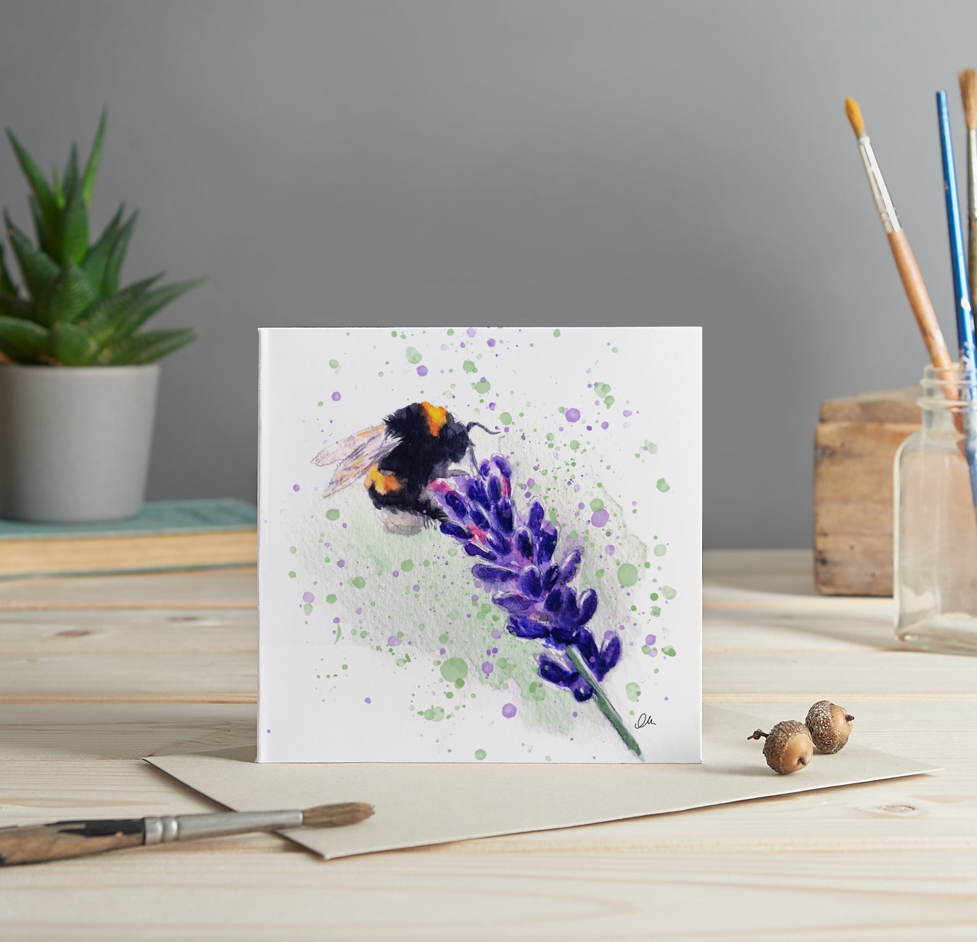 Bee with lavender greeting card