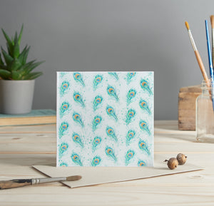 Peacock feathers pattern illustrated greeting card