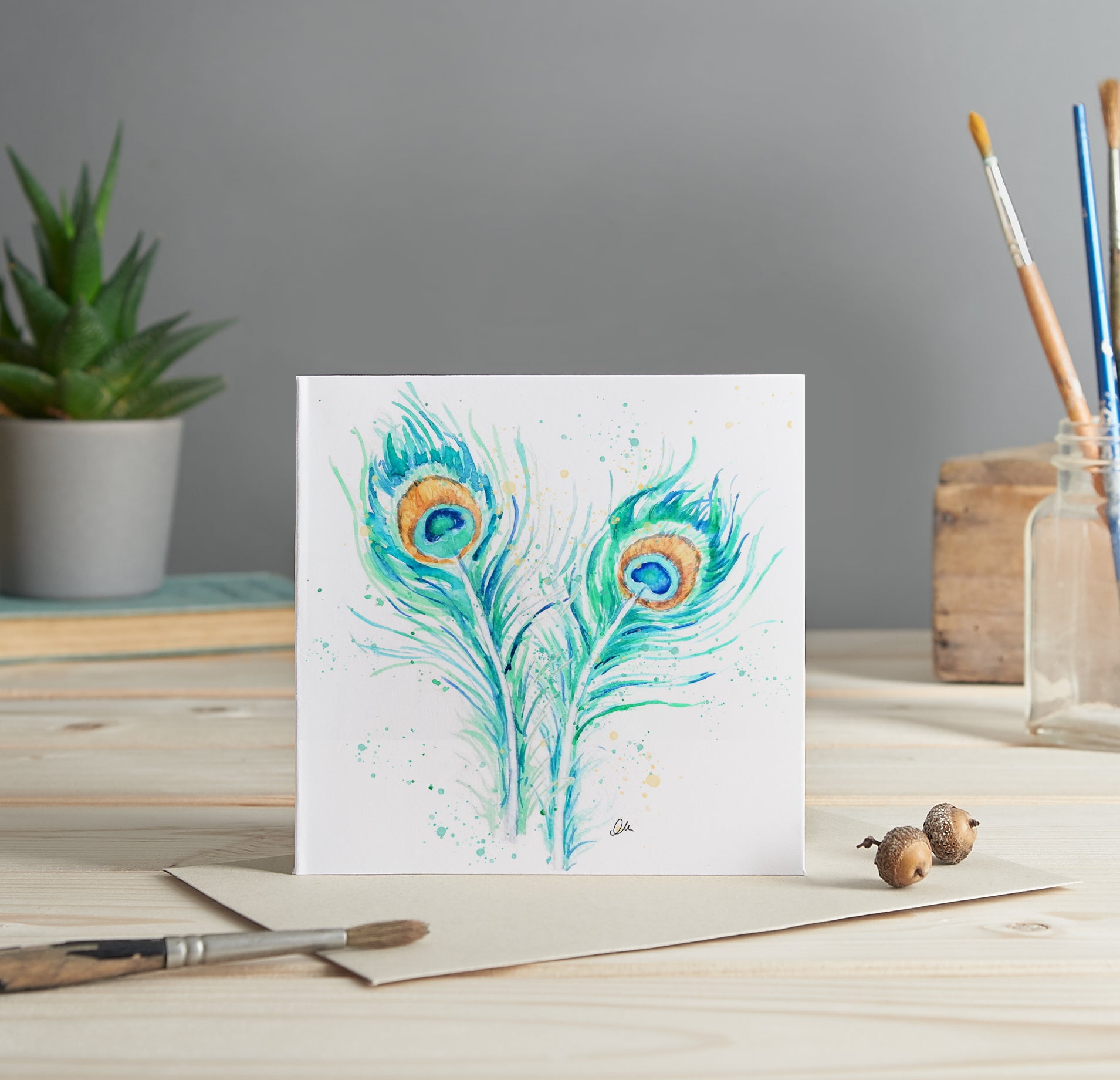 Peacock feathers illustrated greeting card