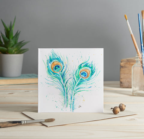 Peacock feathers illustrated greeting card
